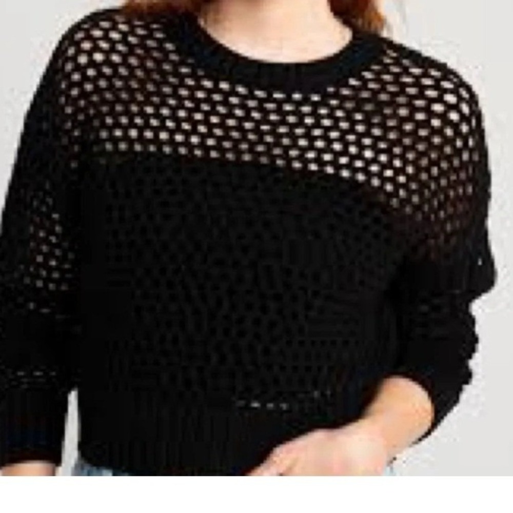 Old Navy Womens Black Open Knit Crochet Mesh Sweater Crew Neck Large